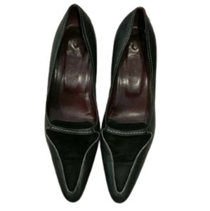 Tod's black suede and leather pointed toe heels